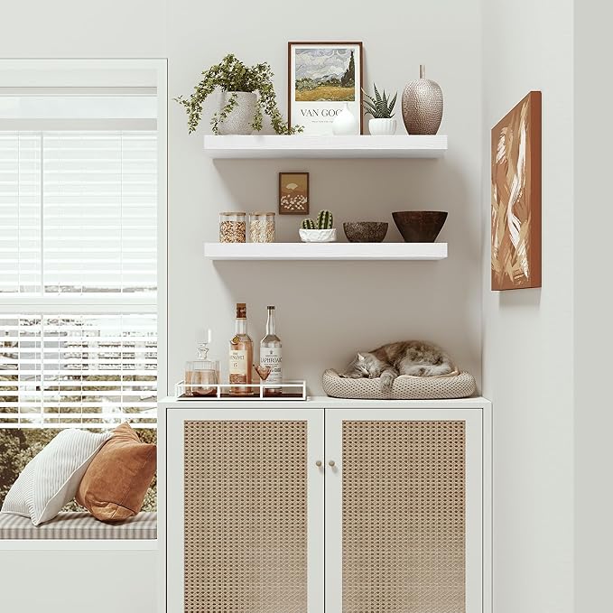 Floating Shelves for Wall 24 inchs Long, 9.1” deep x 1.5” Wall Shelf for Bedroom, Bathroom, Living Room, Kitchen, Office Home Decor, Deep Wood Shelves with Invisible Brackets, Set of 2 White