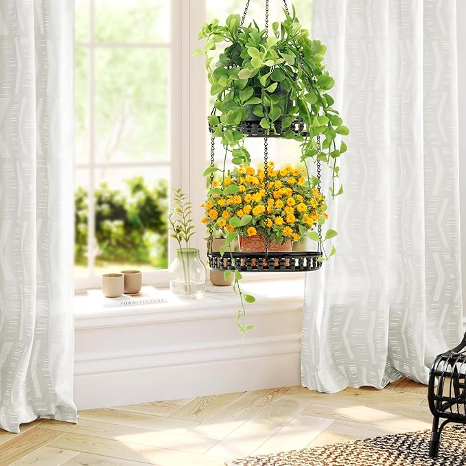 Plant Hanger Indoor Outdoor, 2 Tier Hanging Planter Hanging Plant Shelf, Metal Hanging Plant Holder for Indoor Outdoor Plants