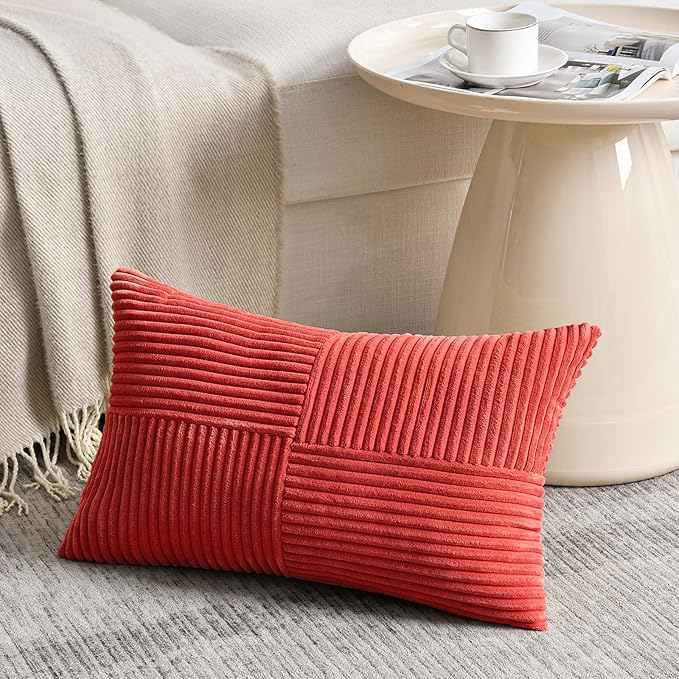 Fancy Homi 2 Packs Red Lumbar Decorative Throw Pillow Covers 12x20 Inch for Living Room Couch Bed Sofa, Holiday Christmas Home Decor Gift, Soft Striped Corduroy Rectangle Accent Cushion Case 30x50 cm
