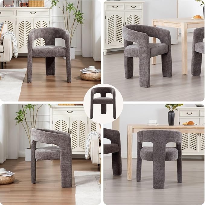 Charcoal Grey Chenille Dining Chairs Set of 2, Modern Barrel Dining Room Chairs Upholstered Accent Chair with Arms and Round Back for Living Room Kitchen Armchair No Assembly Needed