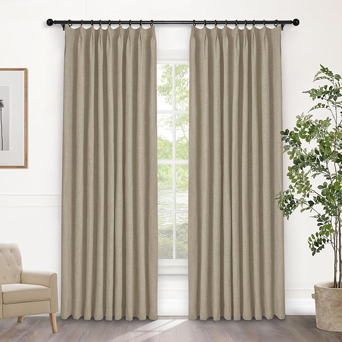 Macochico Pinch Pleated Blackout Linen Curtains 96 Inches Long 100% Light Blocking Burlap Curtains for Bedroom Living Room Thermal Window Panels with Tieback 72”Wx96”L Light Khaki 1 Panel