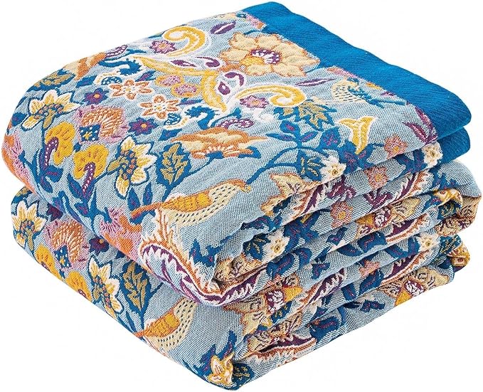 Boho Throw Blanket for Bed, 100% Cotton Soft Rustic Quilt Fall Blanket, 50"x60" Floral Printed Farmhouse Decor Bed Blankets, All Season Rustic Reversible Bohemian Throw Quilt