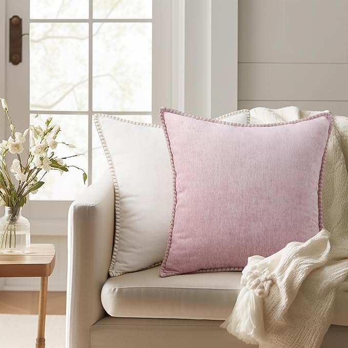 decorUhome Chenille Soft Throw Pillow Covers 20x20 Set of 2, Farmhouse Velvet Neutral Decorative Euro Pillow Covers with Stitched Edge for Couch Sofa Bed Home Decor, Blush Pink