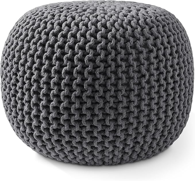 Casafield Round Pouf Ottoman, Dark Gray - 20" Diameter x 14.5" High Cotton Knit Foot Stool - Boho Floor Pouffe for Living Room, Bedroom, Home Office