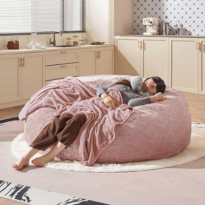 Bean Bag Chair 5Ft, Memory Foam Filled, Large Beanbag Chairs for Adults and Teens, Soft Sofa with Removable Flannel Cover, Round Couch for Living Room Bedroom College Dorm (Pink, 5FT-60×60"×24")