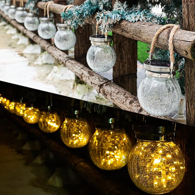 Cooo 6 Pack Heavy Crackle Glass Solar Lantern with 30 LED Firefly Lights– Waterproof Outdoor Hanging Lamp 215% Larger Solar Panel, Stainless Steel Lid Decorative Lighting for Garden Patio Table