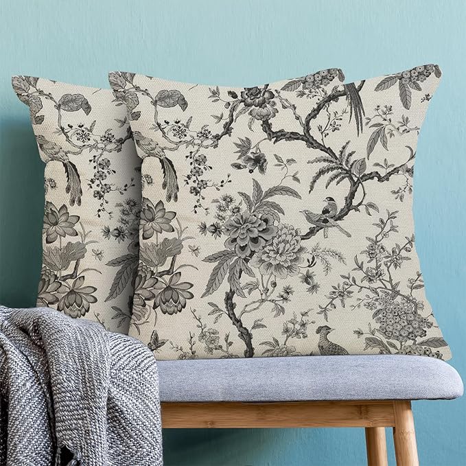 CXMEIFLY Spring Floral Birds Pillow Covers 16 x 16 Inch Set of 2 for Chinoiserie Flowers Decor Throw Pillows Black and White Plant Outdoor Decorative Cushion Cases for Couch Bed Decorations