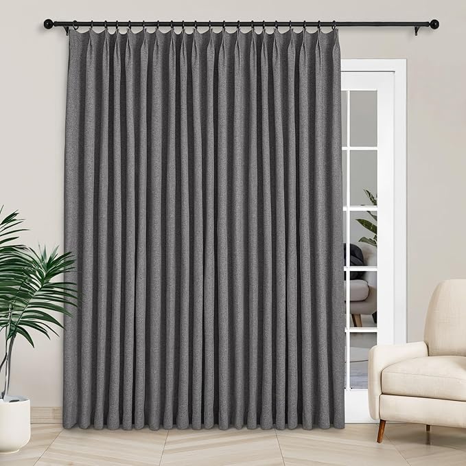 Macochico 100”Wx102”L 100% Blackout Pinch Pleated Linen Curtains for Sliding Door Bedroom Living Room Farmhouse Thermal Insulated Natural Grey Burlap Drapes with Tieback 1 Panel Shabby Chic Style