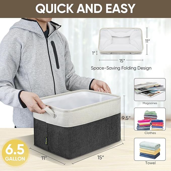 BALEINE 1 Pack Fabric Storage Bins for Shelves, Linen Storage Baskets for Organizing, Decorative Closet Bins for Clothes, Home (Black, 15''x11''x9.5'')