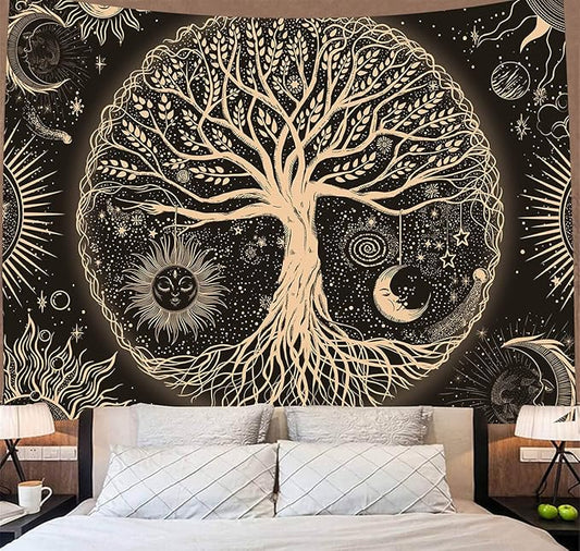 FORATER Tree of Life Tapestry Wall Hanging Sun Moon Stars Tapestries Aesthetic Galaxy Wall Tapestry Nature Home Decoration for Living Room Bedroom(36 x 48 Inch, Black and Gold)