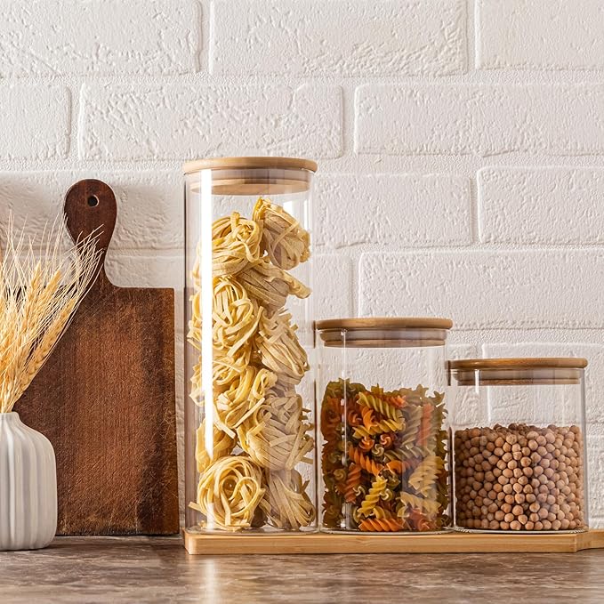 73oz Glass Pasta Storage Jars, Tall Glass Jars with Bamboo Lids, Spaghetti Container, Set of 3, Kitchen Storage Containers for Pasta, Pantry Organizers