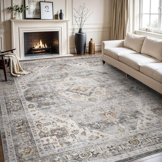 AMOAMI-Area Rug 6X9 Rugs for Living Room-Vintage Soft Grey Rugs for Bedroom-Non Slip Carpet-Machine Washable Rug for Dining Room Living Room Bedroom Office Under Table