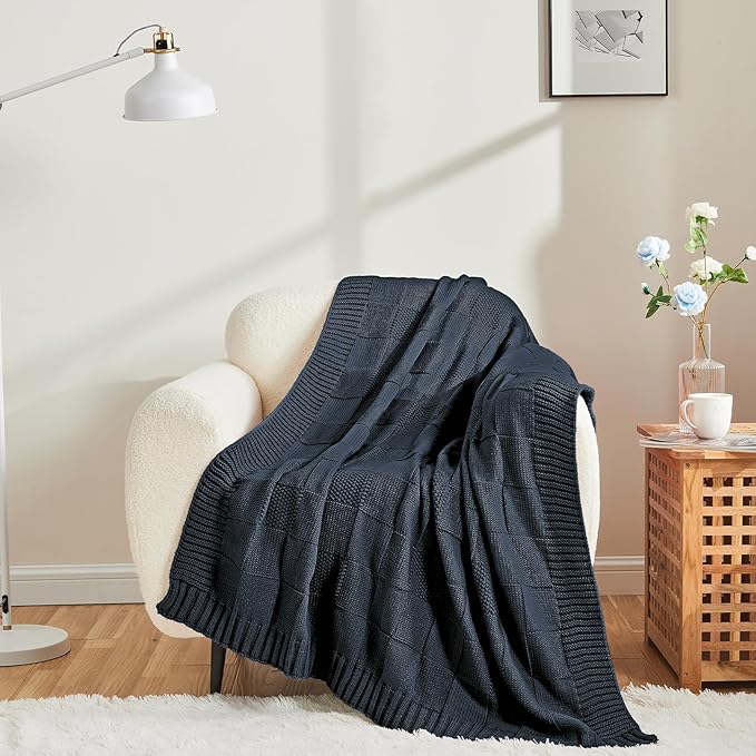 CozeCube Check Knit Throw Blanket, Midnight Navy Checkered Throw for Couch, Decorative Christmas Soft Cozy Warm Knitted Blanket for Bed Sofa Living Room, 60"X80"