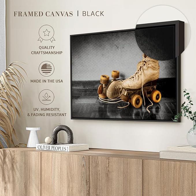 ElephantStock Vintage Skates Pop Wall Art - Horizontal Framed Canvas - 1-Piece Living Room Wall Decor - Sport Photography Canvas Print - Beige and Black Decor for Wall - 25" X 17"