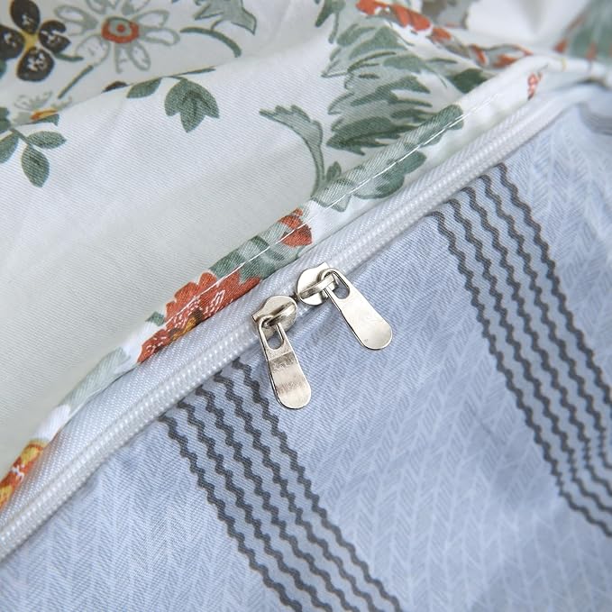 ABREEZE Floral Duvet Cover Queen Size Set Bird Flowers Bedding Set 100% Brushed Cotton Bedding Collection 1 Duvet Cover with 2 Pillowcases White