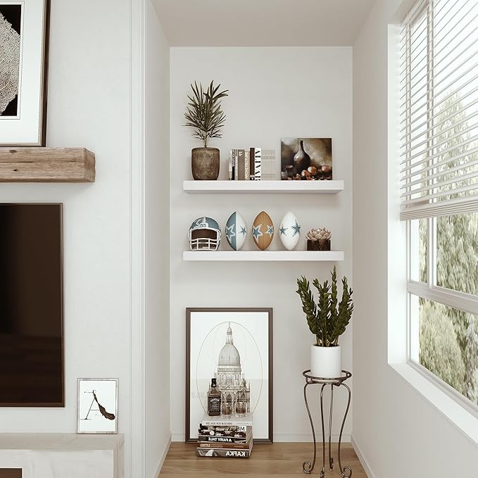 Floating Shelves for Wall 24 inchs Long, 9.1” deep x 1.5” Wall Shelf for Bedroom, Bathroom, Living Room, Kitchen, Office Home Decor, Deep Wood Shelves with Invisible Brackets, Set of 2 White