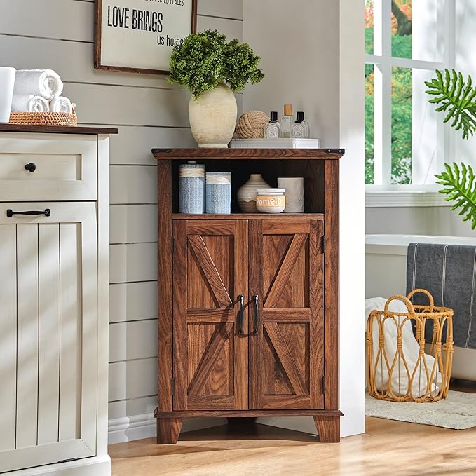 Corner Bathroom Cabinet, Farmhouse Small Cabinet with Barn Door & Adjustable Shelf, Storage Cabinets for Bathroom, Kitchen & Living Room, Brown