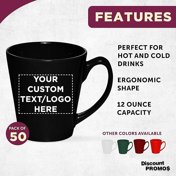 DISCOUNT PROMOS Custom Glossy Ceramic Latte Coffee Mug 12 oz. Set of 50, Personalized Bulk Pack - Perfect for Tea, Espresso, Cappuccino, Hot Cocoa - Black