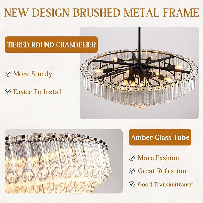 30" Modern Dining Room Chandeliers, 13-Light Clear Crystal Chandeliers, Dimmable Blown Glass Chandelier for Living Room, Round Large Chandelier for High Ceiling, Bedroom, Entryway, Staircase