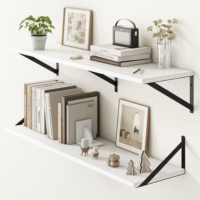 Fun Memories 40 Inch Floating Shelves, 10 Inch Deep Wall Shelf, 40 x 10 Floating Shelf Set of 2, White Wood Floating Shelf Wall Mounted, Large Kitchen Living Room Bedroom Storage Shelves