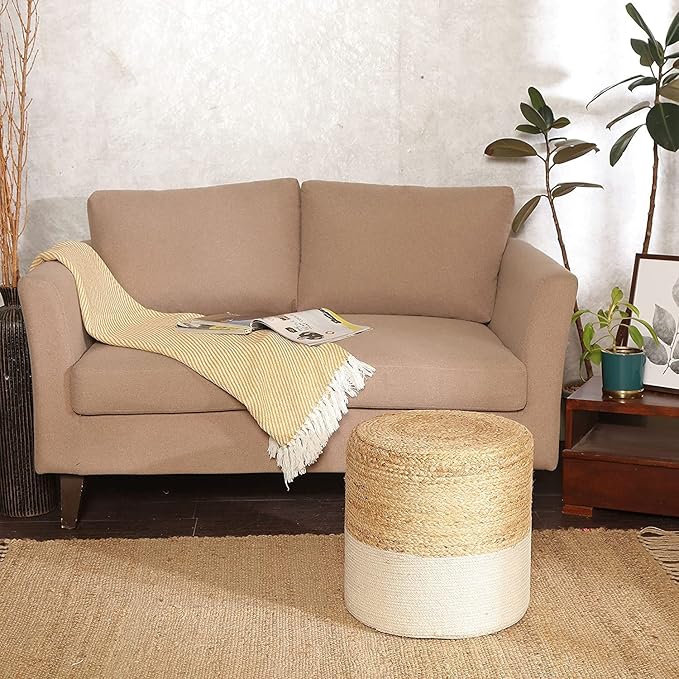 REDEARTH · Cylindrical Pouf Foot Stool Ottoman - Jute Braided Accent Sitting Footrest for The Living Room, Bedroom, Nursery, Patio, Lounge Set of 2 (14.5”x14.5”x16”; Natural Ivory)