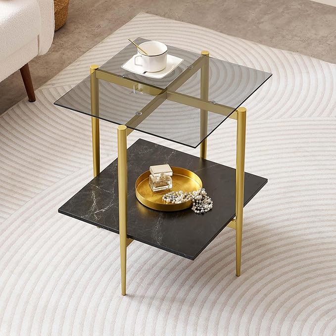 Glass End Table, Mid-Century Modern Design Sofa Table, for Living Room, L18 x W18 x H23 in, Clear Glass Top and Walnut MDF Shelf, Sleek Conical Metal Legs with Gold Finish Frame
