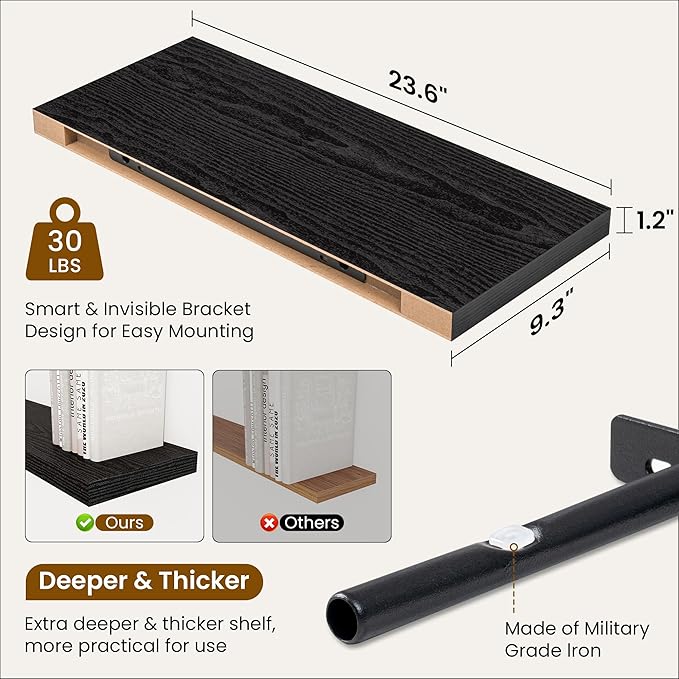 Fun Memories 24 Inch Floating Shelves for Wall, 9 Inch Deep Black Rustic Wood Wall Mounted Shelves for Bathroom, Kitchen, Living Room, Set of 2