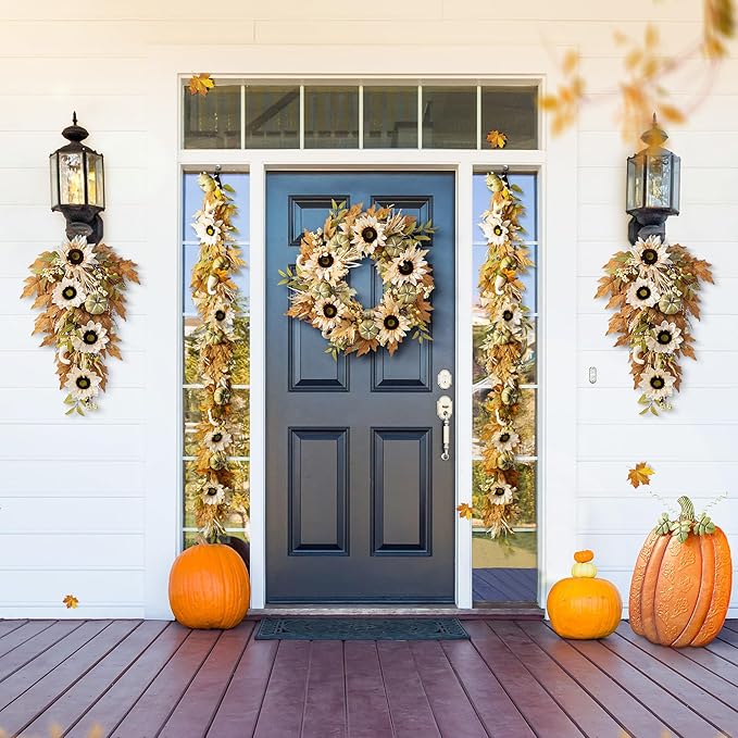 Glitzhome 24''D Artificial Fall Wreath for Front Door, Autumn Wreath with Sunflower, Pumpkin and Leaf, Metal Hanger for Farmhouse Indoor Outdoor Window Wall Door Decor