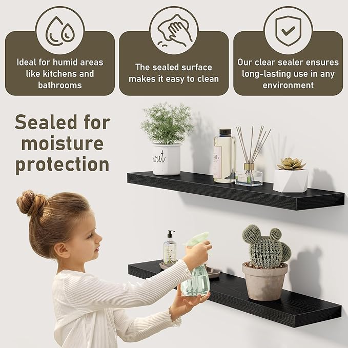 Fun Memories 32 Inch Floating Shelves Wall Shelf Set of 3, Black Bathroom Shelves 32 Inch, Farmhouse Home Decor Living Room, Kitchen Black Shelves for Wall, 32 x 6.7 x 1.4 Inch