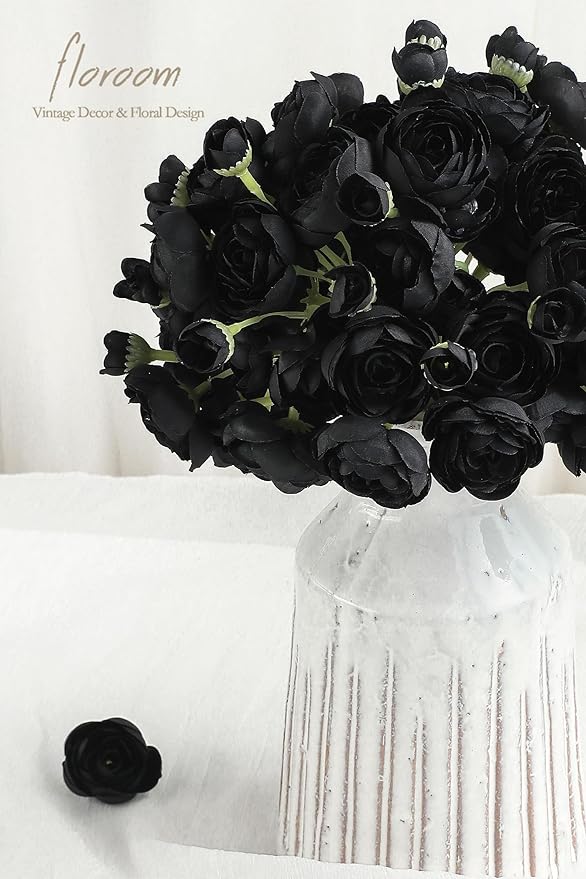 Floroom Ranunculus Artificial Flowers 18 Pcs Black Faux Silk Mini Ranunculus Bulk Fake Wedding Filler Flowers for DIY Bouquets, Centerpieces, Bridal Shower Decorations & Arrangements