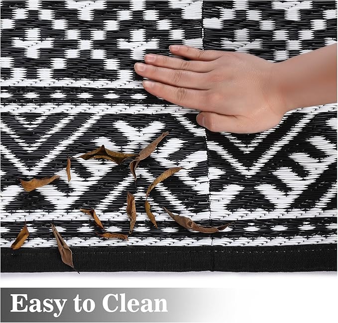 GAOMON Outdoor Rug Waterproof 8'x10', Reversible Outdoor Plastic Straw Rug, Boho Patio Rug, Indoor Outdoor Carpet, RV Mat Outside for Patio, Camp, Picnic, Balcony, Deck, Black/White(Bohemia)