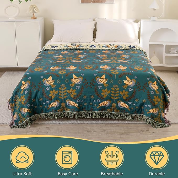 Boho Throw Blanket for Bed Couch 100% Cotton Woven Bed Throws for All Season Lightweight and Soft Cozy Farmhouse Reversible Muslin Decorative Blanket for Travel Picnic, Teal/Cream, 60''x80''