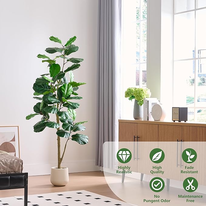 Artificial Fiddle Leaf Fig Tree, 6FT Tall Faux Ficus Lyrata Fake Tree in White Pot, Artificial Tree Indoor Decor, Fiddle Leaf Fig Tree Fake Plant for Home Office Living Room Decoration Modern
