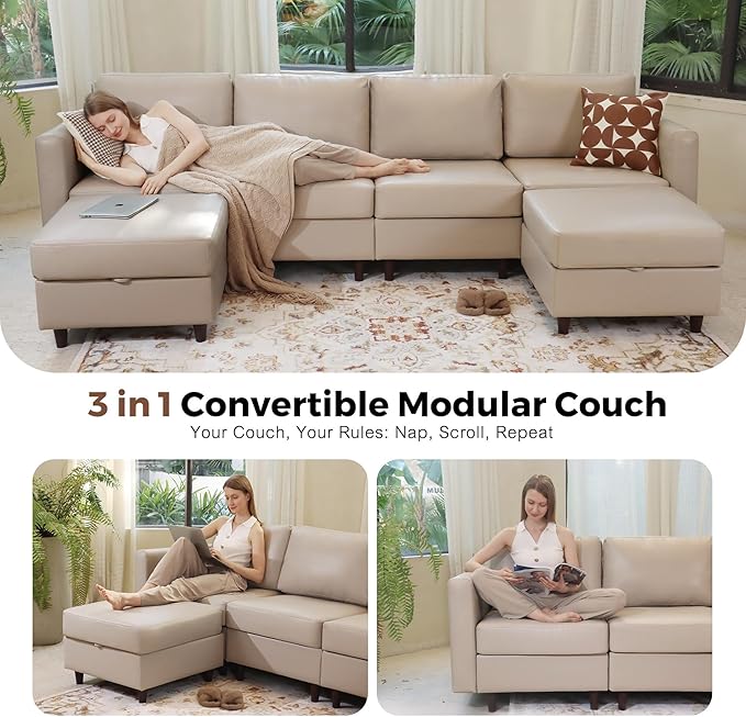 118.5" Faux Leather Modular Sectional Sofa with Storage Seat, Oversized 4 Seater Couch Deep Seat with Removable Cover Whitesand