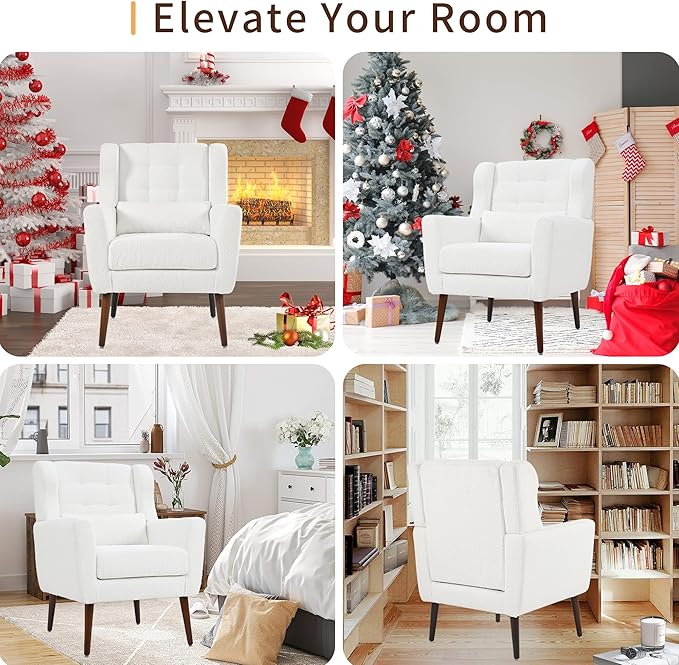 Accent Chair Set of 2, Upholstered Armchair with Pillow, Teddy Single Sofa with Lounge Seat and Wood Legs for Living Room Small Spaces