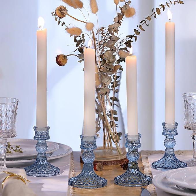 12Pcs 4" H Aqua Blue Candlestick Holders Set- Taper Candle Holders Bulk, Glass Candle Holders for Wedding, Party, Romantic Dinner Table Centerpieces, Festival Gifts & Windowsill Decor
