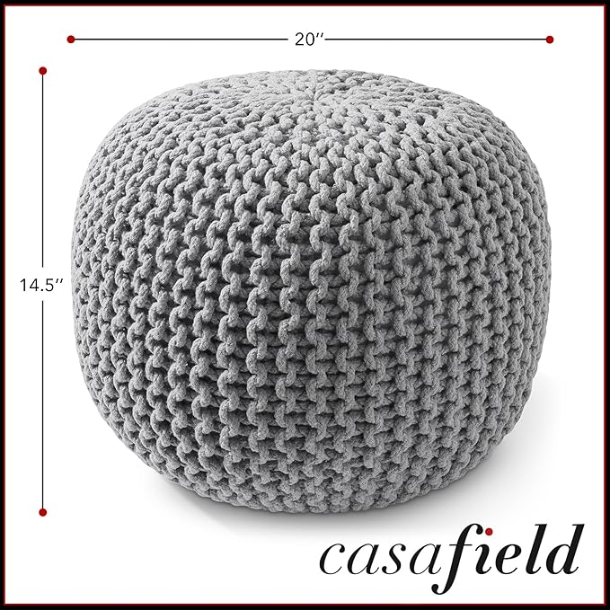 Casafield Round Pouf Ottoman, Light Gray - 20" Diameter x 14.5" High Cotton Knit Foot Stool - Boho Floor Pouffe for Living Room, Bedroom, Home Office