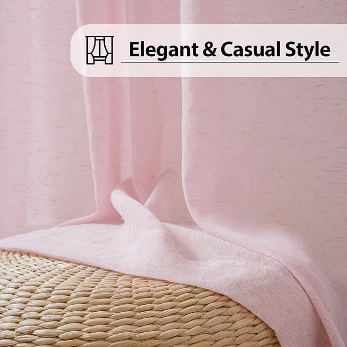 FMFUNCTEX Linen Sheer Curtains for Bedroom, Pink Curtains 96 inches Long for Living Room, Blush Pink Farmhouse French Flax Blend Window Draperies, Rod Pocket 2 Panels Set
