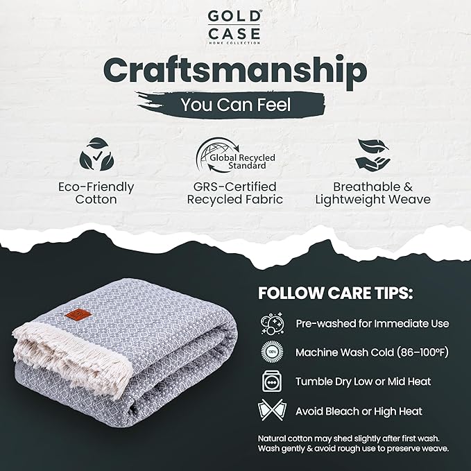 Gold Case Throw Blanket for Bed – 100% Recycled Turkish Cotton Bed Blanket – Decorative Throw Cotton Blankets for Living Room & Bedroom – Retro Grey Woven Queen Blankets – 90x90