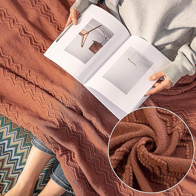 MIULEE Fall Orange Knitted Throw Blanket for Couch Boho Terracotta Rust Textured Cozy Woven Blanket with Tassels for Sofa Chair Bed Living Room Acrylic Wave Pattern 60"x80"