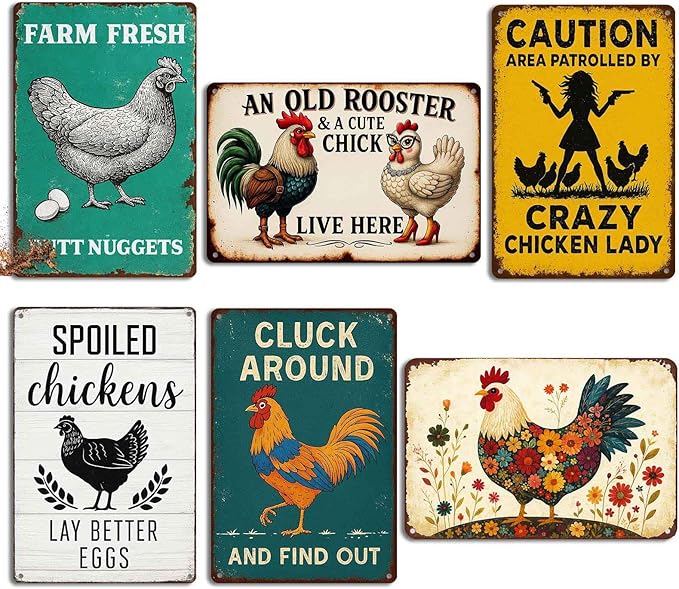 6 Pack Chicken Coop Signs – Vintage Farm Accessories Funny Metal Tin Signs for Outdoor Chicken Coop Decor, Farmhouse Wall Art, Rustic Barn Yard Decorations, 8x12 Inch