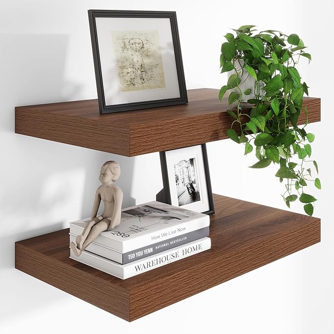 Heimlove 24 x 12 Inch Deep Floating Shelves Wall Mounted with Invisible Brackets,Storage Hanging Shelf for Wall Decor in Bathroom, Bedroom, Toilet, Kitchen, Living Room, Office Set of 2 (Walnut)