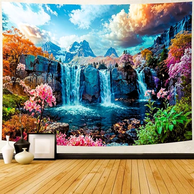 Delur Waterfall Tapestry Tropical Forest Mountain Sunset Tree Wall Hanging Tapestry Scenic Rainforest Landscape Nature Sunrise Headboard for Bedroom Living Room Home Decor (59.1" x 78.7")