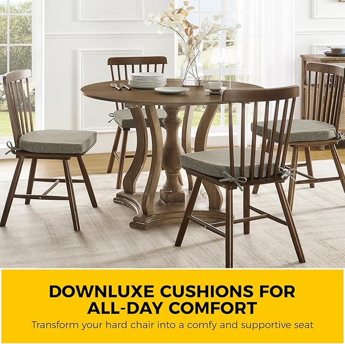 downluxe Indoor Chair Cushions for Dining Chairs, Soft and Comfortable Textured Foam Kitchen Chair Pads with Ties and Non-Slip Backing, 16" x 16" x 2", Khaki, 6 Pack