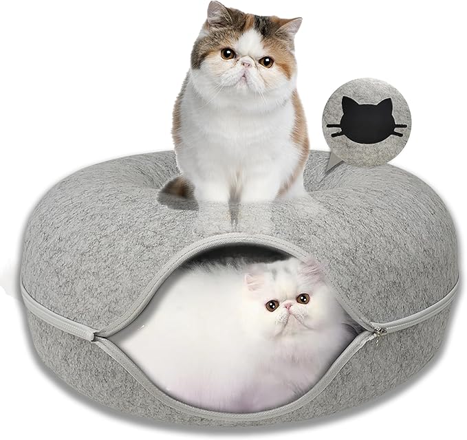 Donut Cat Tunnel Bed Peekaboo Cat Cave for Large Cats Up to 30 Lbs, Kitty Interactive Playing Tent House for Multiple Cats,Detachable,Scratch Resistant (Light Gray, Medium - 20 Inch Diameter)