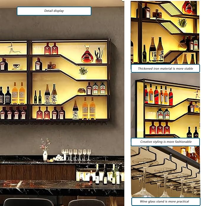 94.4in Wall Mounted Wine Rack with LED Light, 5-Tiers Liquor Bottles Display Shelf with Glasses Holder, Metal Home Bar Shelves with Industrial Iron Frame for Kitchen (Black, 94.4in/7.87ft)