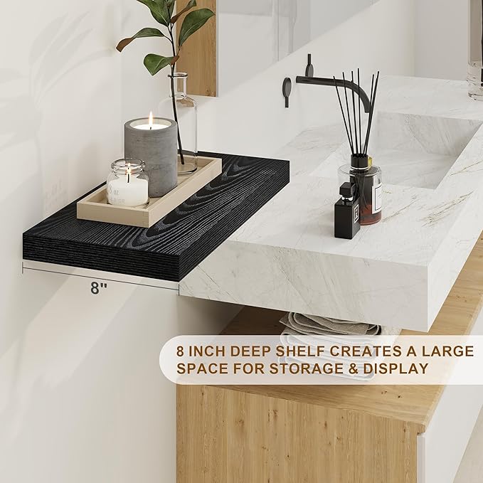 Fun Memories Black Floating Shelves 16 Inch Long, 8 Deep Floating Shelf Wall Mounted, 16 x 8 Inch Wooden Bathroom Shelves, Deep Storage Shelves for Living Room, Kitchen, Set of 2