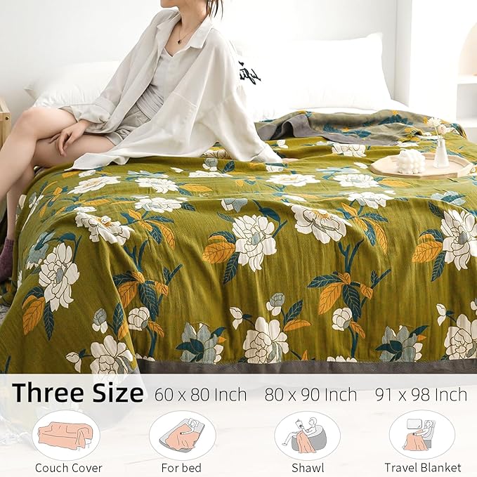 Boho Throw Blanket for Bed - 100% Pure Cotton Ultra Soft Rustic Quilt - Farmhouse Decor Bed Blankets, All Season Rustic Throw for Sofa Couch Chair(91''x 98'', Flower Branch)