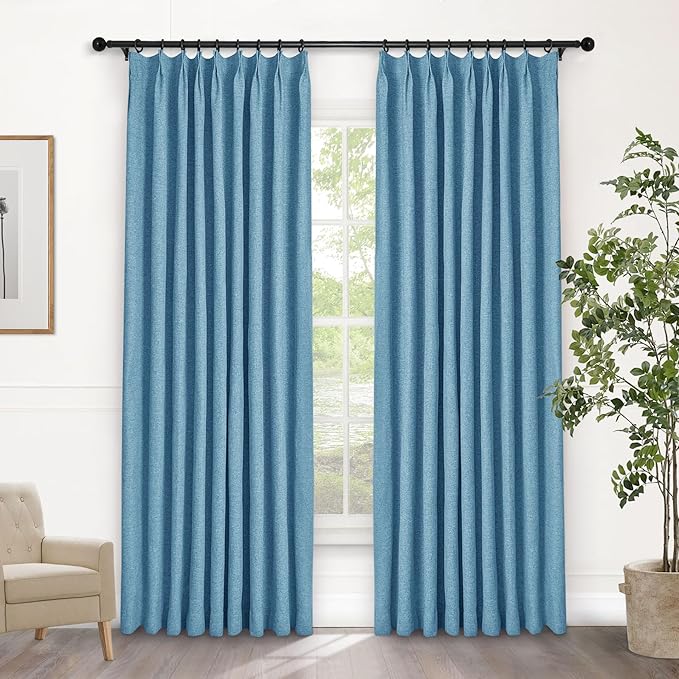 Macochico Pinch Pleated Blackout Linen Curtains 96 Inches Long 100% Light Blocking Burlap Curtains for Bedroom Living Room Thermal Window Panels with Tieback 72”Wx96”L Blue 1 Panel