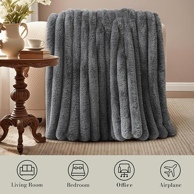 Amélie Home Faux Fur Throw Blanket for Couch, Ultra Cozy Fuzzy Fluffy Fur Luxurious Soft Striped Plush Gift Blankets for Family Sofa Chair Bed Living Room Bedroom, 60"x80", Ionic Wolf Gray